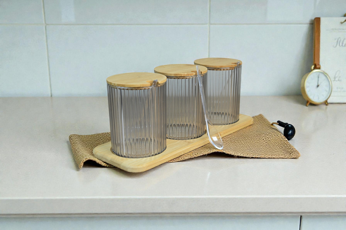 3'Lü Bambu Kapaklı Baharatlık Seti