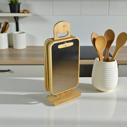 4'Lü Standlı Bambu Ve Paslanmaz Çelik Kesim Panosu (3 adet bambu 1 adet paslanmak çelik ) (165X260 Mm)